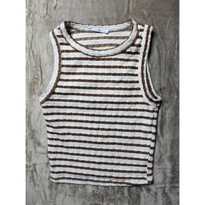 Gaze Brown Cream Striped Smocked Textured Knit Crop Tank Top Sleeveless Small
